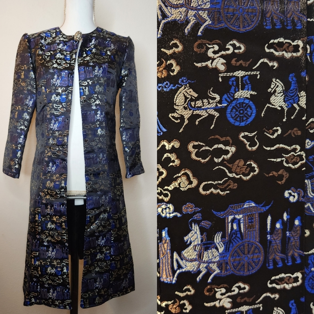 Womens XS Black Blue Oriental Print Horse Carriage Warriors Priests Long Trench